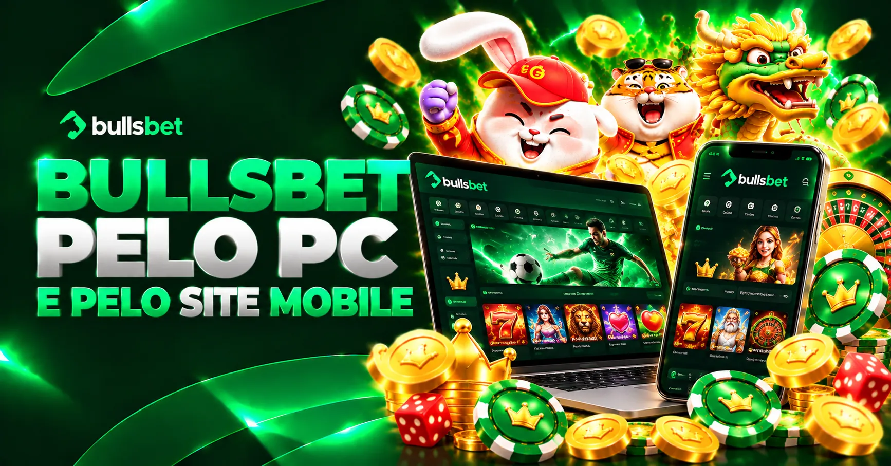 Bullsbet pelo PC e site mobile com jogos de cassino, apostas esportivas e mascotes da plataforma.